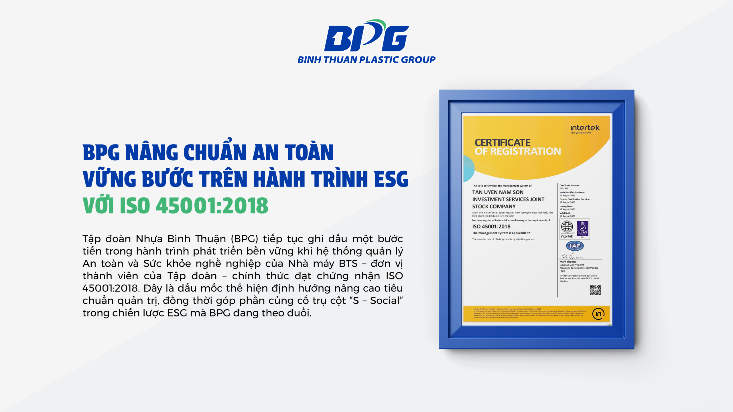 BPG NÂNG CHUẨN AN TOÀN, VỮNG BƯỚC TRÊN HÀNH TRÌNH ESG VỚI ISO 45001:2018